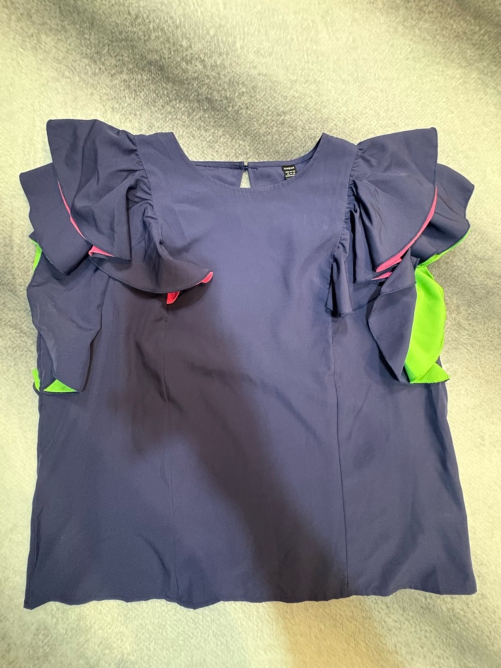 (A5) SHEIN Navy Blue Ruffle Sleeve Blouse XL (12) Neon Colorblock Accent Top